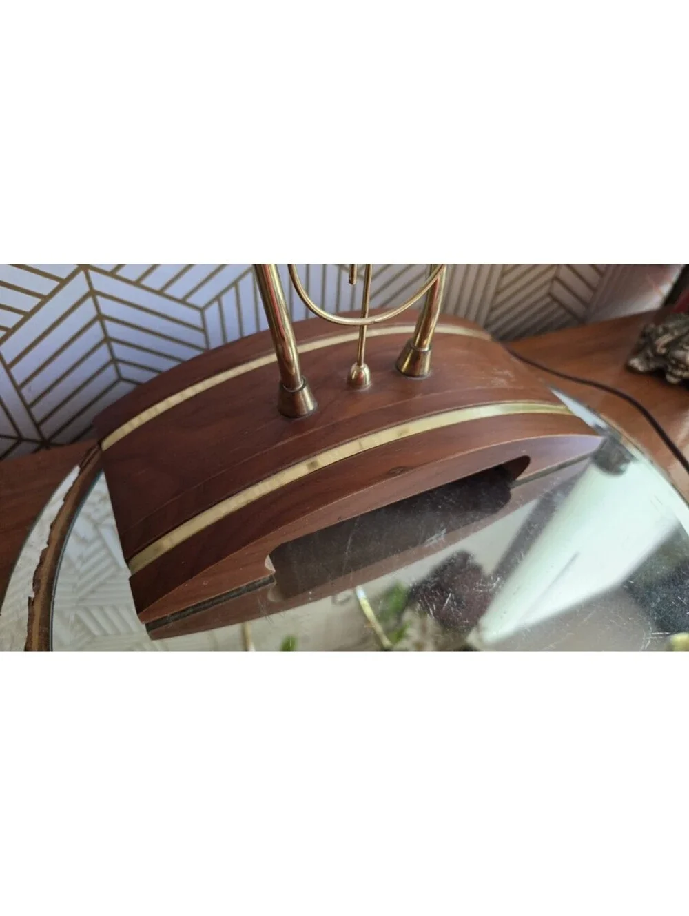 Vintage Large Brass Piano Lamp w Musical Note, Midcentury Wood Base, Wide Head